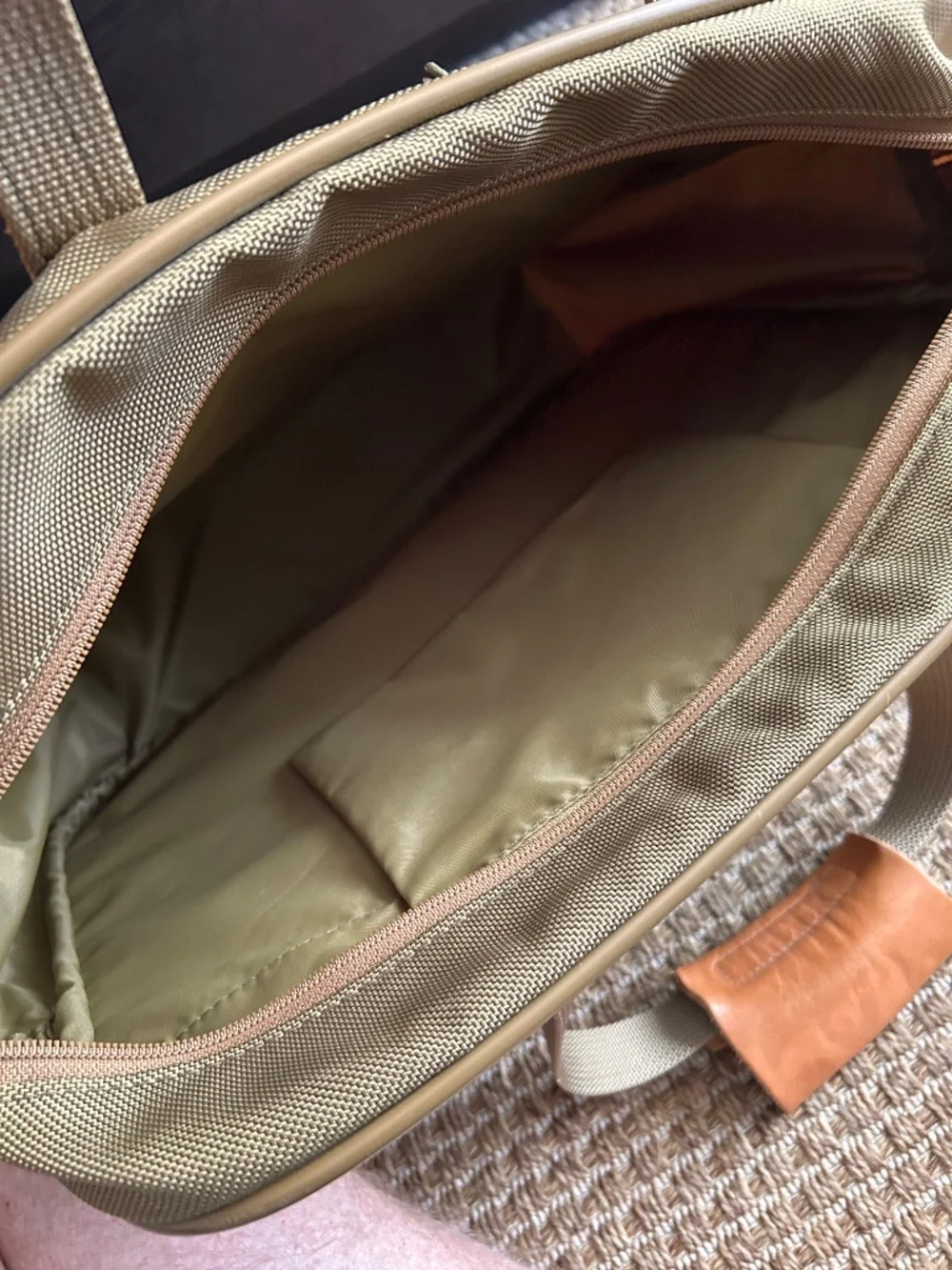 Hartmann EUC sage green ballistic nylon tan leather commuter bag briefcase 16 in